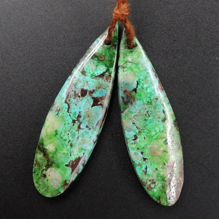 Drilled Parrot Wing Chrysocolla Earring Pair Matched Long Teardrop Cabochon Natural Blue Green Chrysocolla Gemstone Stone Bead Pair E3168 Intrinsic Trading Earrings