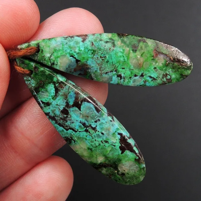 Drilled Parrot Wing Chrysocolla Earring Pair Matched Long Teardrop Cabochon Natural Blue Green Chrysocolla Gemstone Stone Bead Pair E3168 Intrinsic Trading Earrings