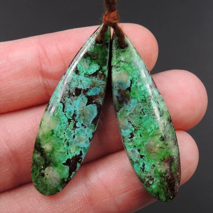 Drilled Parrot Wing Chrysocolla Earring Pair Matched Long Teardrop Cabochon Natural Blue Green Chrysocolla Gemstone Stone Bead Pair E3168 Intrinsic Trading Earrings