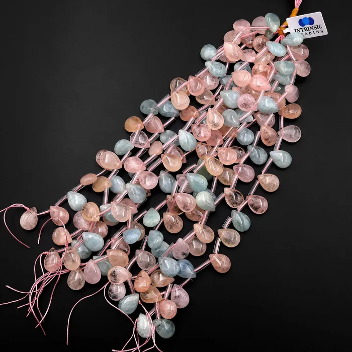 Earrings Intrinsic Trading AAA Natural Blue Aquamarine Pink Morganite Smooth Teardrop Beads 12mm 14mm Good for Earrings 8 Strand