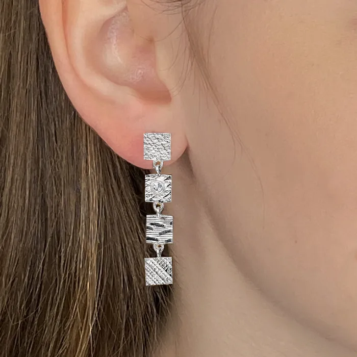 Earrings Q Evon 4 Tab Textured Earrings with White Lab Diamond