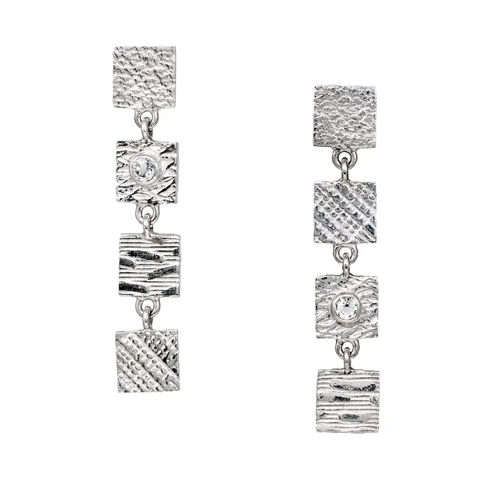 Earrings Q Evon 4 Tab Textured Earrings with White Lab Diamond