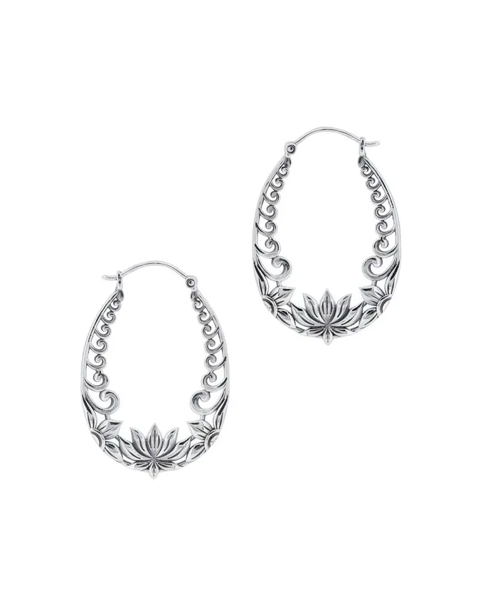 Earrings Sterling Silver Lotus Design Hoop Earrings Buddha Groove