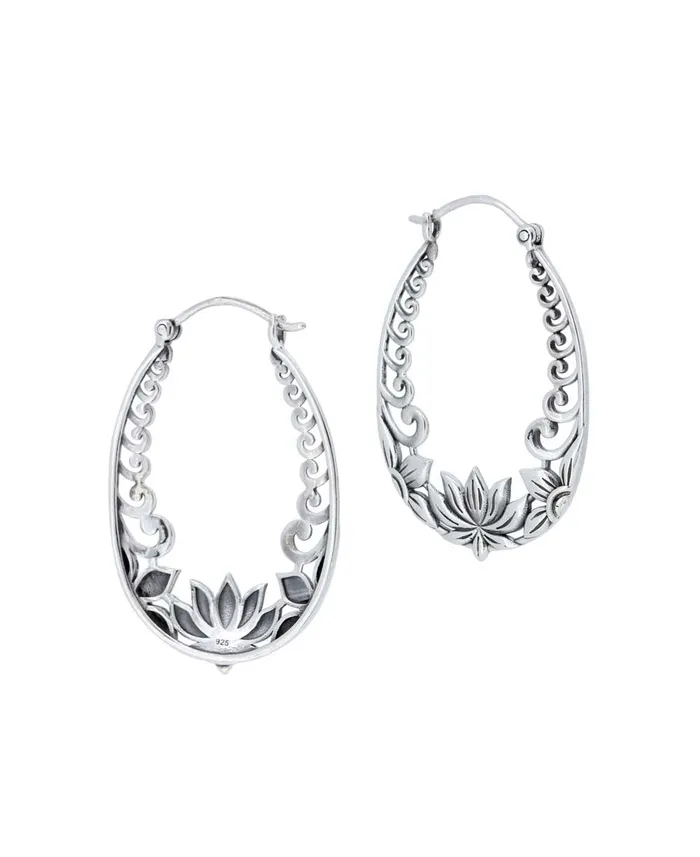 Earrings Sterling Silver Lotus Design Hoop Earrings Buddha Groove