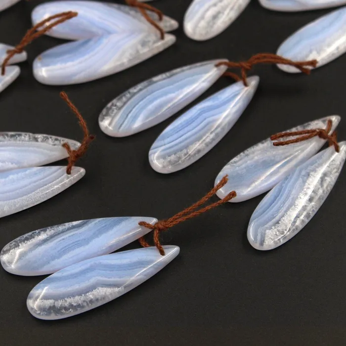 Intrinsic Trading Drilled Natural Blue Lace Agate Earring Pair Gemstone Earring Cabochon Cab Pair Long Teardrop Matched Icy Crystal Texture Bead Real Gemstone Earrings
