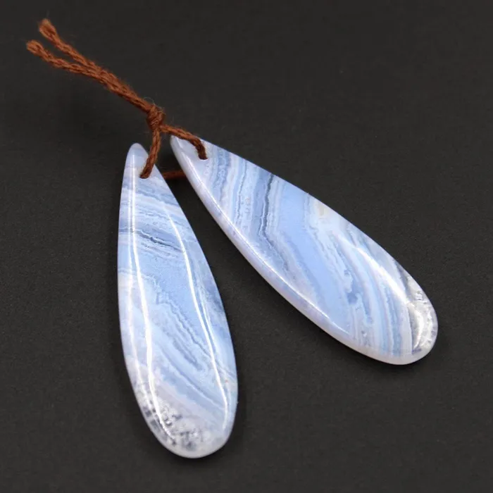 Intrinsic Trading Drilled Natural Blue Lace Agate Earring Pair Gemstone Earring Cabochon Cab Pair Long Teardrop Matched Icy Crystal Texture Bead Real Gemstone Earrings
