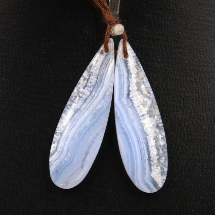 Intrinsic Trading Drilled Natural Blue Lace Agate Earring Pair Gemstone Earring Cabochon Cab Pair Long Teardrop Matched Icy Crystal Texture Bead Real Gemstone Earrings