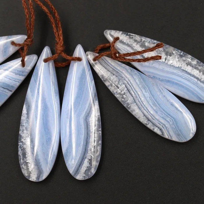 Intrinsic Trading Drilled Natural Blue Lace Agate Earring Pair Gemstone Earring Cabochon Cab Pair Long Teardrop Matched Icy Crystal Texture Bead Real Gemstone Earrings