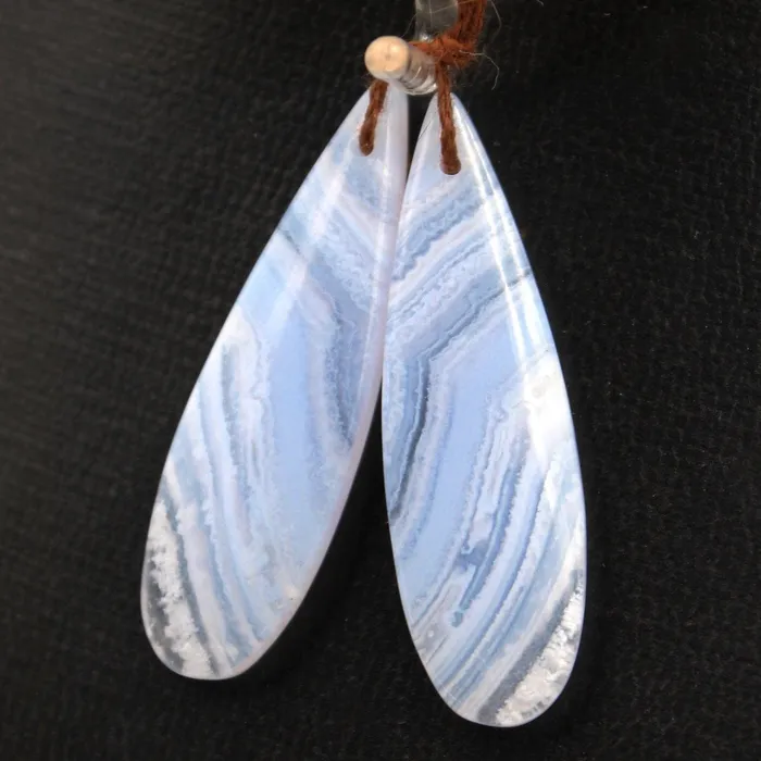 Intrinsic Trading Drilled Natural Blue Lace Agate Earring Pair Gemstone Earring Cabochon Cab Pair Long Teardrop Matched Icy Crystal Texture Bead Real Gemstone Earrings