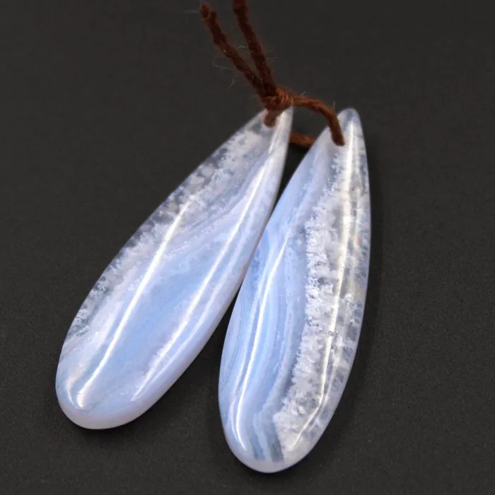 Intrinsic Trading Drilled Natural Blue Lace Agate Earring Pair Gemstone Earring Cabochon Cab Pair Long Teardrop Matched Icy Crystal Texture Bead Real Gemstone Earrings