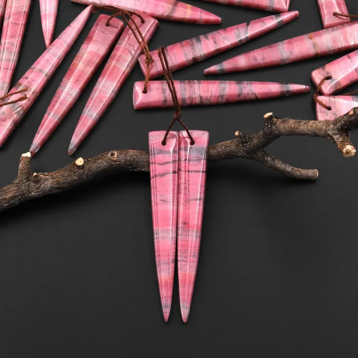 Intrinsic Trading Earrings AAA Natural Pink Rhodonite In Quartz Earring Pair Long Dagger Triangle Drilled Matched Gemstone Beads A5 Intrinsic Trading Earrings AAA Natural Pink Rhodonite In Quartz Earring Pair Long Dagger Triangle Drilled Matched Gemstone Beads A5