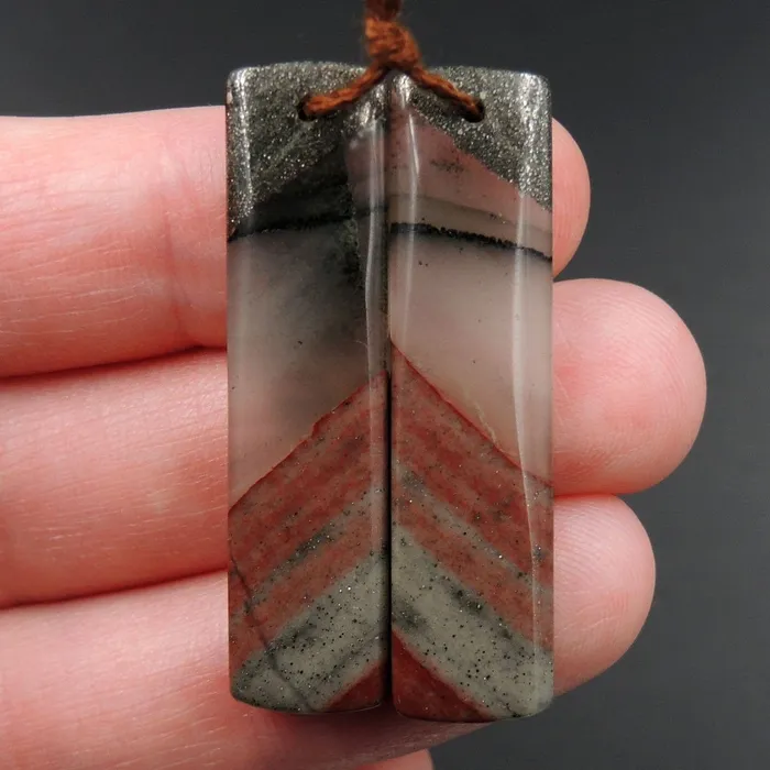 Intrinsic Trading Earrings Drilled Earring Pair Stone Natural African Bloodstone Pyrite Matched Cabochon Pair Cab Pair Symmetrical Rectangle Shaped Earring Beads E3089