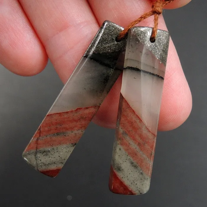 Intrinsic Trading Earrings Drilled Earring Pair Stone Natural African Bloodstone Pyrite Matched Cabochon Pair Cab Pair Symmetrical Rectangle Shaped Earring Beads E3089