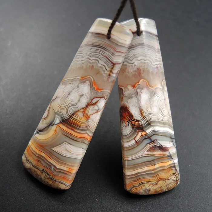Intrinsic Trading Earrings Natural Laguna Lace Agate Earring Pair Trapezoid Cabochon Cab Drilled Matched Earrings Bead Pair E3016