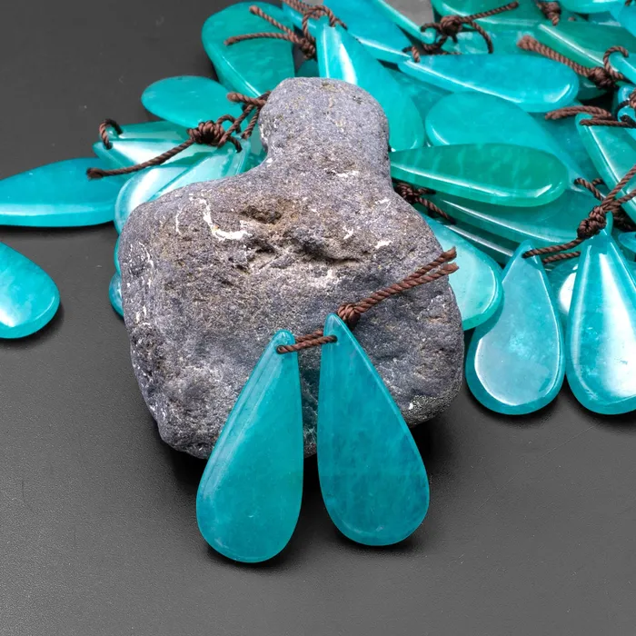 Intrinsic Trading Earrings Natural Peruvian Amazonite Deep Aqua Blue Green Teardrop Earring Pair Drilled Gemstone Matched Beads