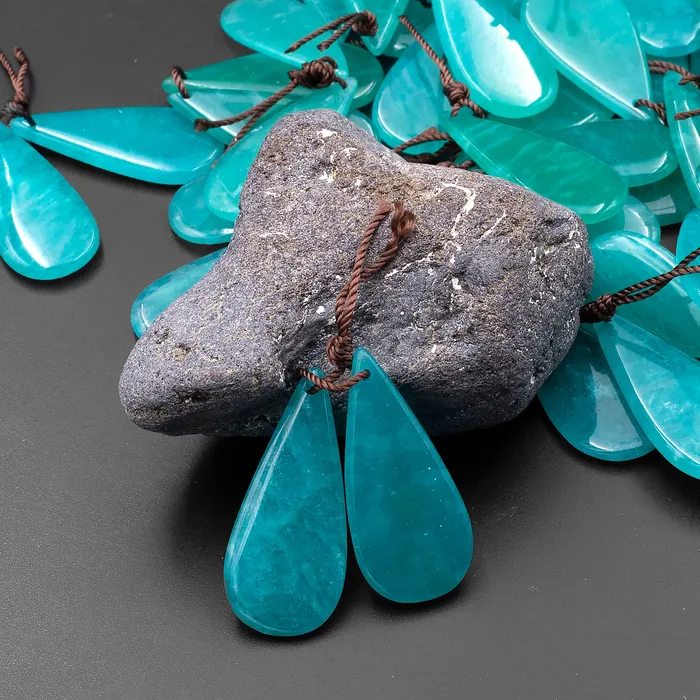 Intrinsic Trading Earrings Natural Peruvian Amazonite Deep Aqua Blue Green Teardrop Earring Pair Drilled Gemstone Matched Beads