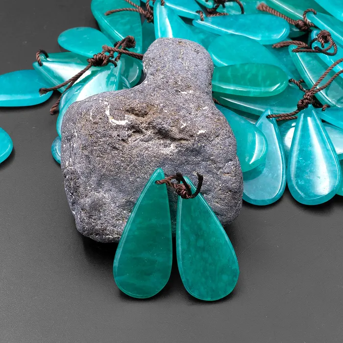 Intrinsic Trading Earrings Natural Peruvian Amazonite Deep Aqua Blue Green Teardrop Earring Pair Drilled Gemstone Matched Beads