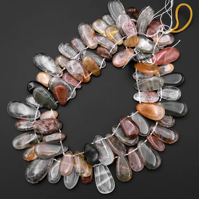 Intrinsic Trading Natural Phantom Rutile Quartz Teardrop Focal Pendant Beads Side Drilled Green Red Golden Quartz 155 Strand Necklaces