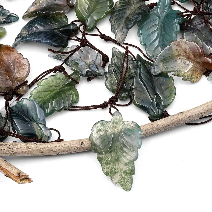 Intrinsic Trading Necklaces Hand Carved Natural Green Moss Agate Leaf Pendant Focal Gemstone Bead Intrinsic Trading Necklaces Hand Carved Natural Green Moss Agate Leaf Pendant Focal Gemstone Bead
