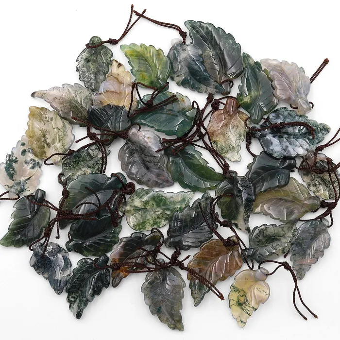 Intrinsic Trading Necklaces Hand Carved Natural Green Moss Agate Leaf Pendant Focal Gemstone Bead