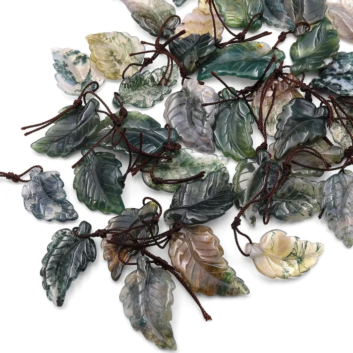 Intrinsic Trading Necklaces Hand Carved Natural Green Moss Agate Leaf Pendant Focal Gemstone Bead