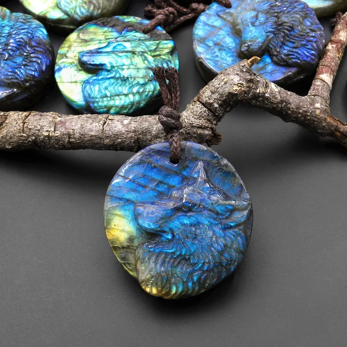 Intrinsic Trading Necklaces Hand Carved Natural Labradorite Wolf Gemstone Pendant Bead A5 Intrinsic Trading Necklaces Hand Carved Natural Labradorite Wolf Gemstone Pendant Bead A5