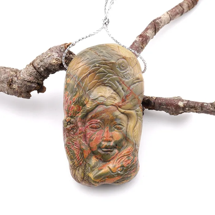 Intrinsic Trading Necklaces Natural Red Creek Jasper Pendant Hand Carved Eagle Woman Face Side Drilled Aka MultiColor Picasso Jasper Intrinsic Trading Necklaces Natural Red Creek Jasper Pendant Hand Carved Eagle Woman Face Side Drilled Aka MultiColor Picasso Jasper