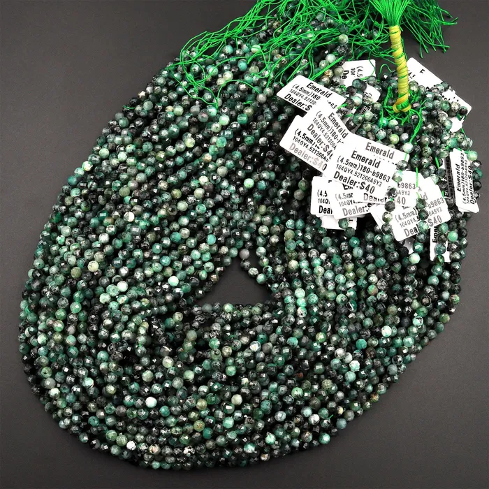 Intrinsic Trading Necklaces Real Genuine Natural Green Emerald Gemstone Faceted 3mm 4mm 5mm Round Beads Laser Diamond Cut Gemstone May Birthstone 155 Strand