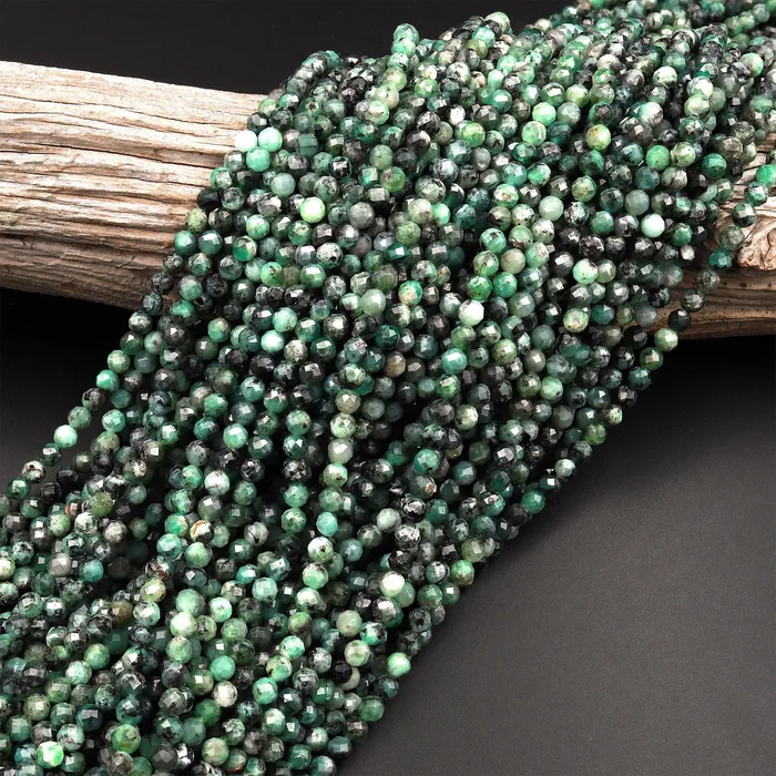 Intrinsic Trading Necklaces Real Genuine Natural Green Emerald Gemstone Faceted 3mm 4mm 5mm Round Beads Laser Diamond Cut Gemstone May Birthstone 155 Strand