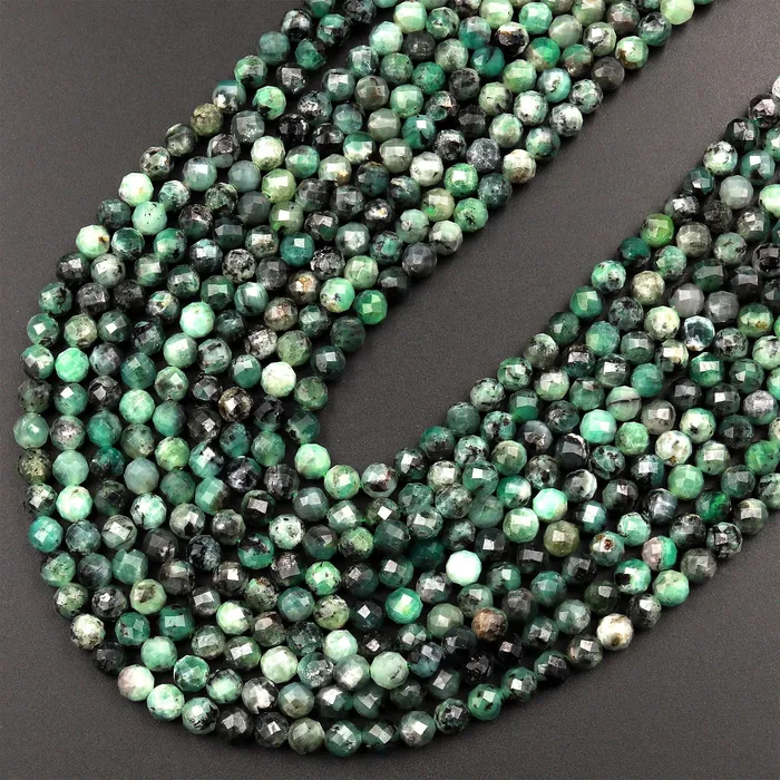Intrinsic Trading Necklaces Real Genuine Natural Green Emerald Gemstone Faceted 3mm 4mm 5mm Round Beads Laser Diamond Cut Gemstone May Birthstone 155 Strand