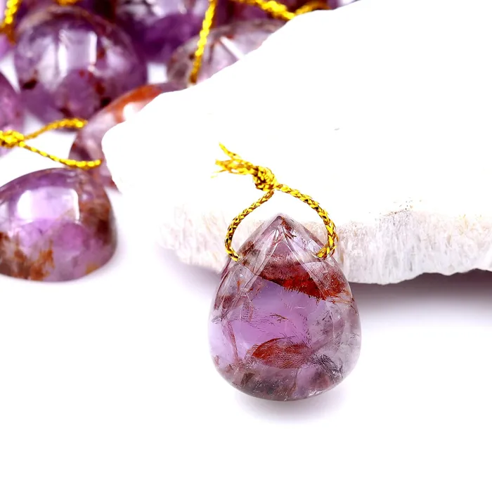 Intrinsic Trading Necklaces Super 7 Crystal Element Natural Phantom Amethyst Cacoxenite Teardrop Pear Top Side Drilled Focal Bead Pendant