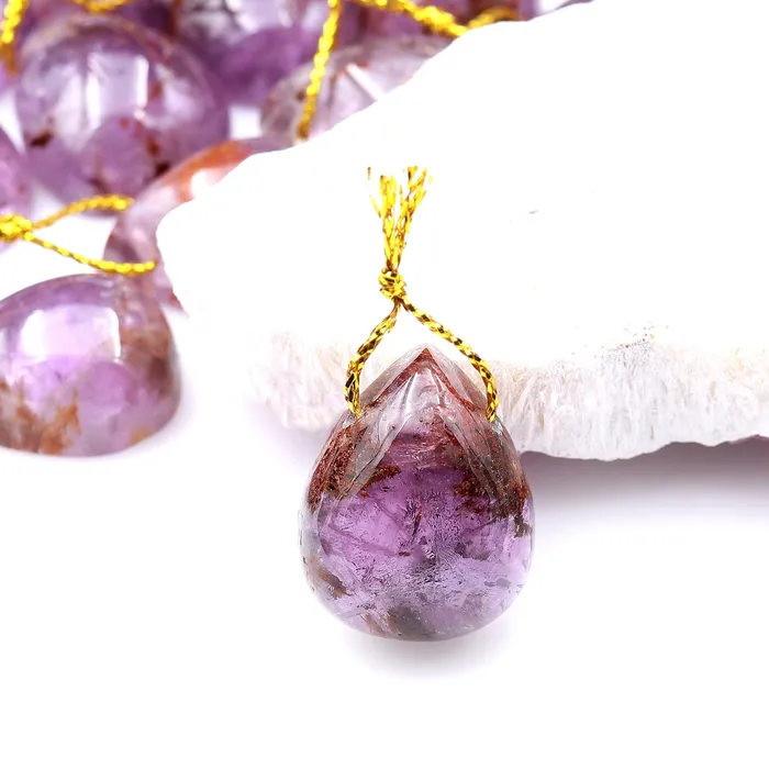 Intrinsic Trading Necklaces Super 7 Crystal Element Natural Phantom Amethyst Cacoxenite Teardrop Pear Top Side Drilled Focal Bead Pendant