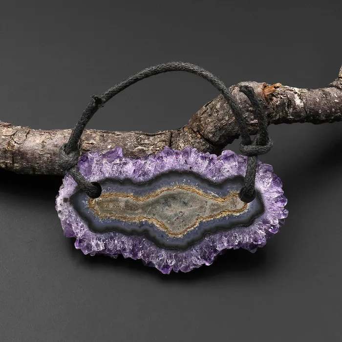 Necklaces Intrinsic Trading 2 Hole Pendant Natural Amethyst Stalactite Flower Pendant Flat Slice Freeform One of a Kind P0127 Necklaces Intrinsic Trading 2 Hole Pendant Natural Amethyst Stalactite Flower Pendant Flat Slice Freeform One of a Kind P0127