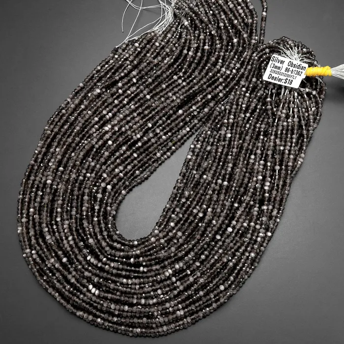 Necklaces Intrinsic Trading AAA Natural Silver Obsidian Faceted Rondelle Beads 3mm 155 Strand