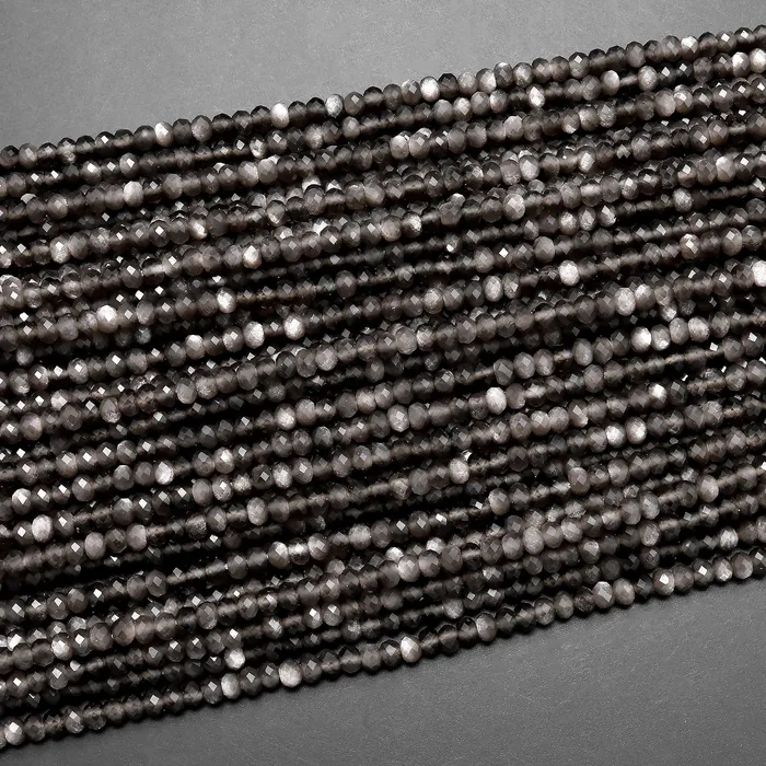 Necklaces Intrinsic Trading AAA Natural Silver Obsidian Faceted Rondelle Beads 3mm 155 Strand