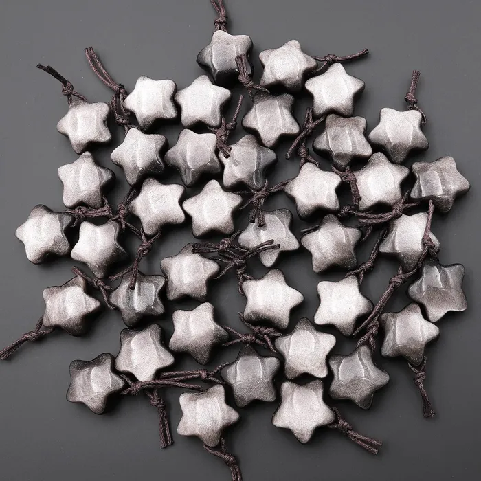 Necklaces Intrinsic Trading AAA Natural Silver Obsidian Puffy Star Pendant Side Drilled Gemstone Crystal Focal Bead
