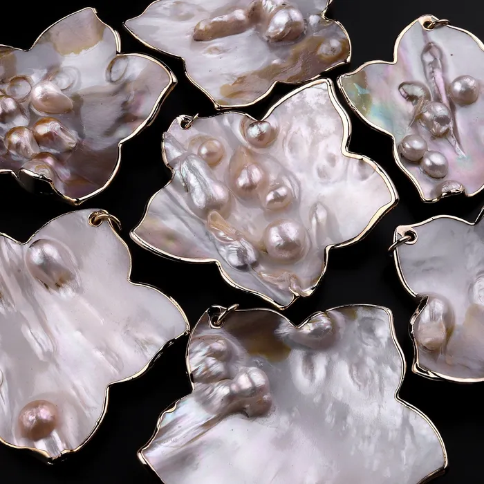 Necklaces Intrinsic Trading Large Natural Mother of Pearl Flower Pendant Super Iridescent Blister Pearl Gold Trim