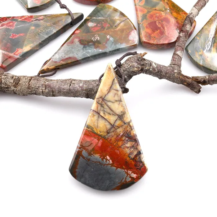 Necklaces Intrinsic Trading Natural Red Creek Jasper Pendant Side Drilled Long Triangle Fan Pendant Aka Multicolor Picasso Jasper Cherry Creek Jasper Bead