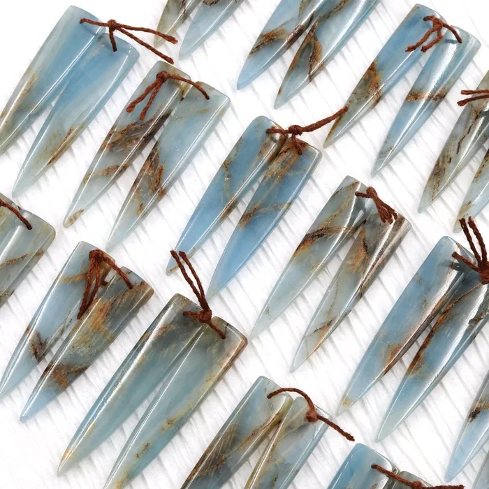 Rare Natural Blue Calcite Earring Pairs Cabochon Cab Creative Dagger Long Triangle Shape Drilled Matched Dagger Earrings Bead Pairs Intrinsic Trading Earrings
