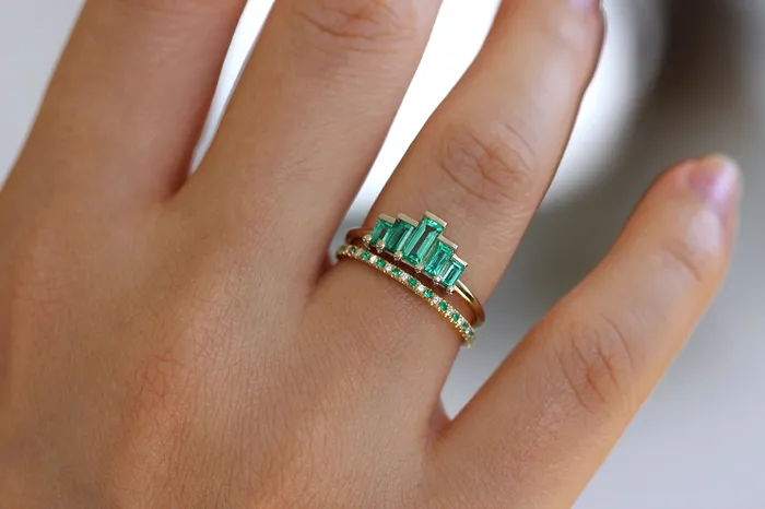 Rings ARTEMER Baguette Cut Emeralds Engagement Ring Art Deco Emerald Ring