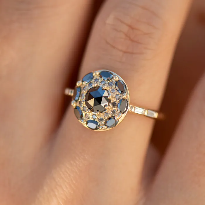 Rings Black Diamond Mandala Engagement Ring With Baguette Diamond Band ARTEMER