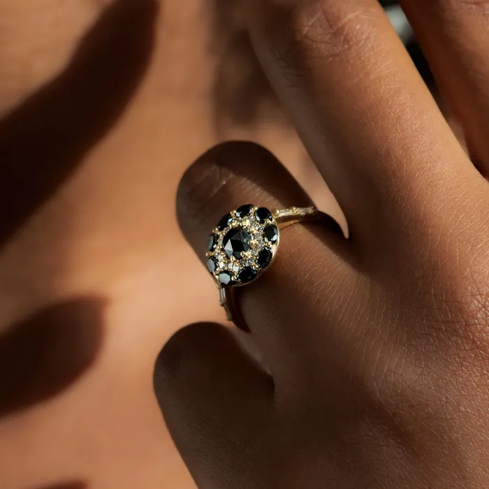 Rings Black Diamond Mandala Engagement Ring With Baguette Diamond Band ARTEMER