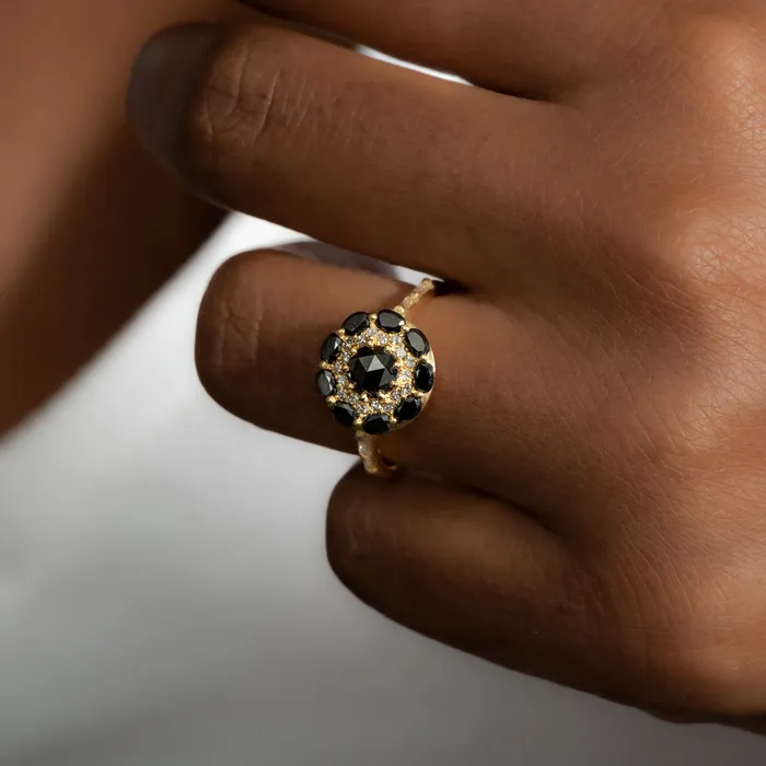 Rings Black Diamond Mandala Engagement Ring With Baguette Diamond Band ARTEMER