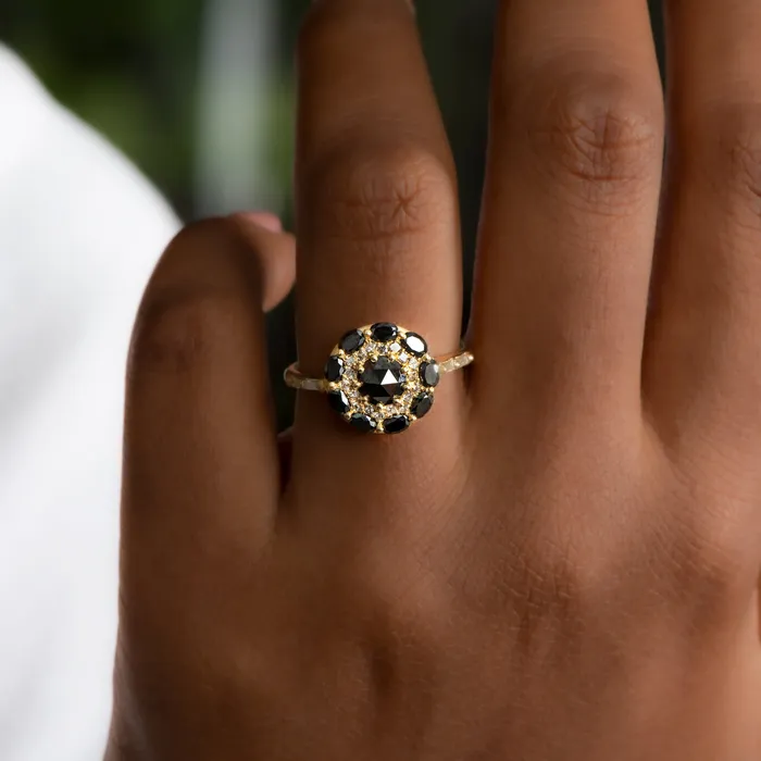 Rings Black Diamond Mandala Engagement Ring With Baguette Diamond Band ARTEMER