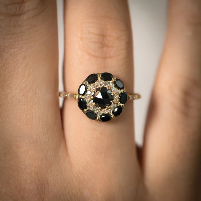 Rings Black Diamond Mandala Engagement Ring With Baguette Diamond Band ARTEMER
