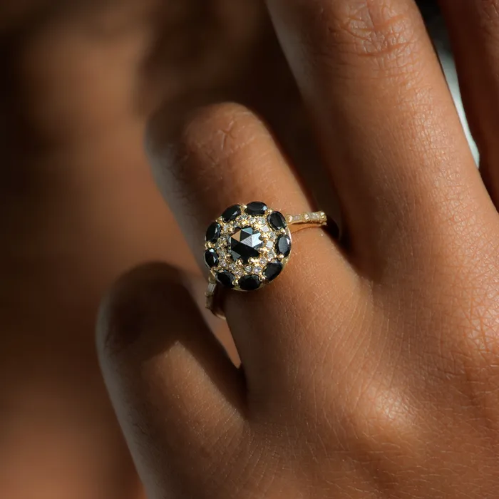 Rings Black Diamond Mandala Engagement Ring With Baguette Diamond Band ARTEMER