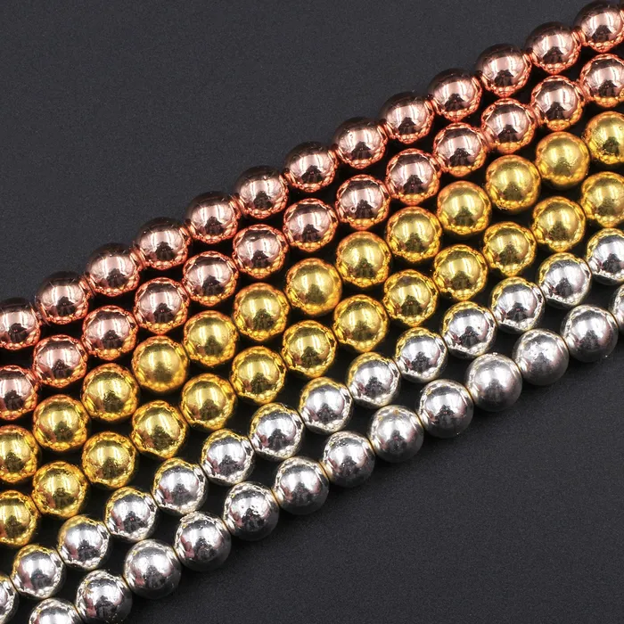 Rings Intrinsic Trading Titanium Hematite Round Beads Electroplated Bright Silver Rose Gold 2mm 3mm 4mm 6mm 8mm 16 Strand