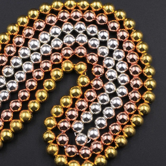 Rings Intrinsic Trading Titanium Hematite Round Beads Electroplated Bright Silver Rose Gold 2mm 3mm 4mm 6mm 8mm 16 Strand