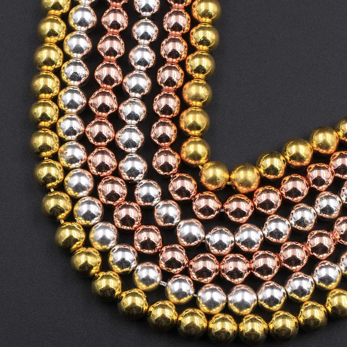 Rings Intrinsic Trading Titanium Hematite Round Beads Electroplated Bright Silver Rose Gold 2mm 3mm 4mm 6mm 8mm 16 Strand