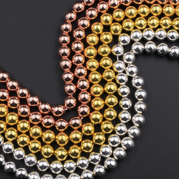 Rings Intrinsic Trading Titanium Hematite Round Beads Electroplated Bright Silver Rose Gold 2mm 3mm 4mm 6mm 8mm 16 Strand